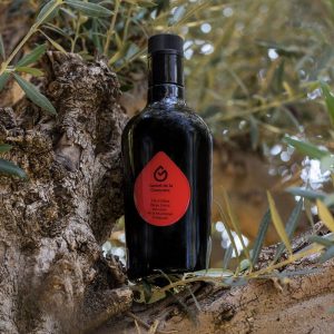 botella negra de aceite en olivo